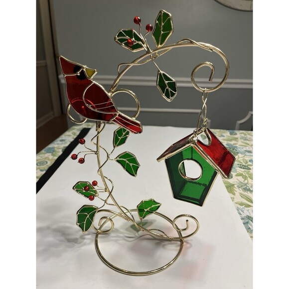 Stained Glass Red Cardinal Holly Leaves Birdhouse Candle Holder 12.5” Tall - Picture 13 of 14